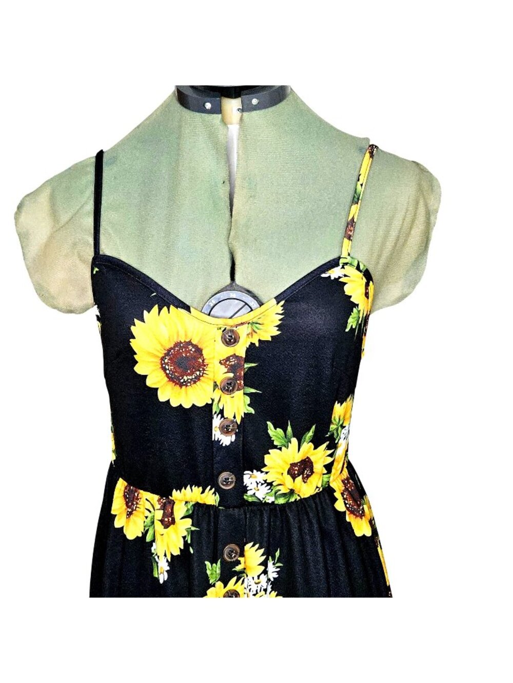 Woman's cottagecore black and yellow baby doll sunflower pocketed midi dress L